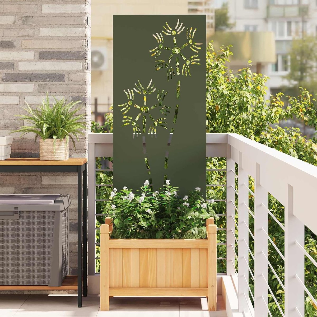 Tuin zichtwerend scherm olijfgroen 50 x 140 cm, privacyscherm van staal voor terras en tuin, inkijkbescherming met decoratieve inzetstukken, weerbestendig