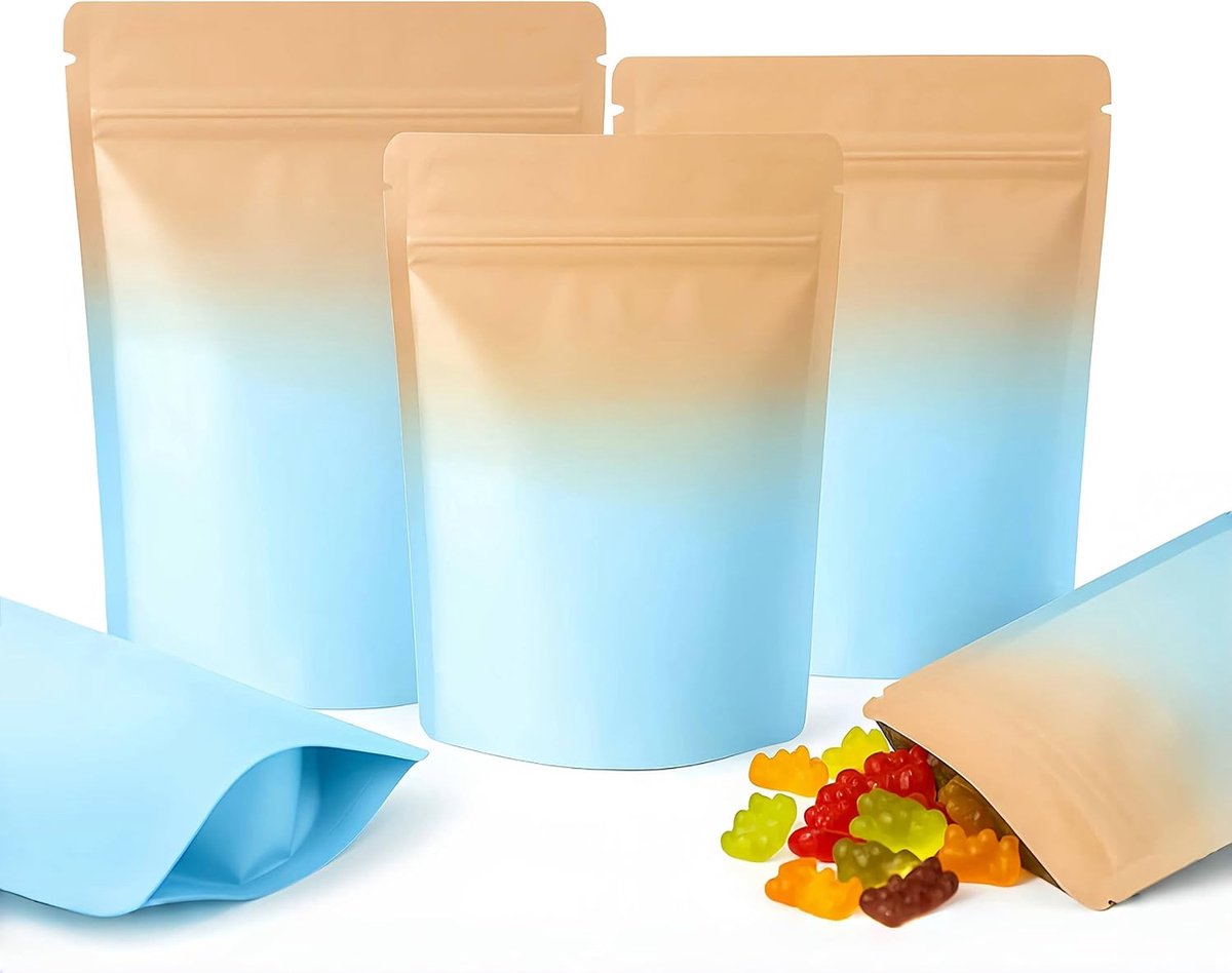 100 Stuks Staande Hersluitbare Zakjes, Aluminium Mylar Doypack, Gekleurde Herbruikbare Stazakken, Plastic Ziplock Zakjes Voor Voedselverpakking en Opslag (Geel en Blauw, 16 x 24 cm)