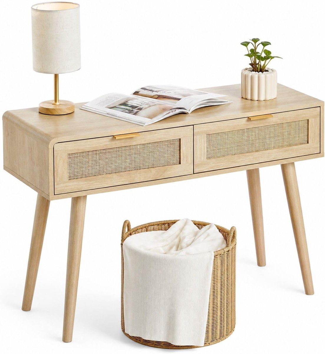 Consoletafel met 2 lades en natuurlijke schuifdeur, haltafel voor woonkamer, studeerkamer, hal of tv-wand, naturel