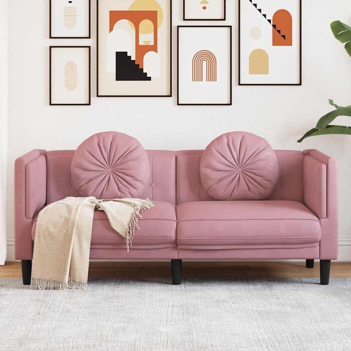 2-zitsbank met kussen in roze fluweel, zacht velours bekleding voor de woonkamer, comfortabel zitgevoel met stabiele steunpoten, modern design voor ontspanning