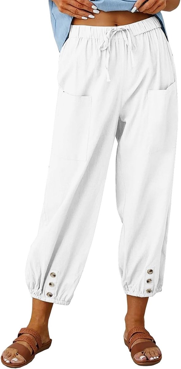 Zomerbroek voor dames, linnen broek met 7/8 knoopdetails, casual broek, verstelbaar trekkoord, brede broek, zijzakken en riem, trekkoord, lichte broek voor dames, comfortabel, elegant