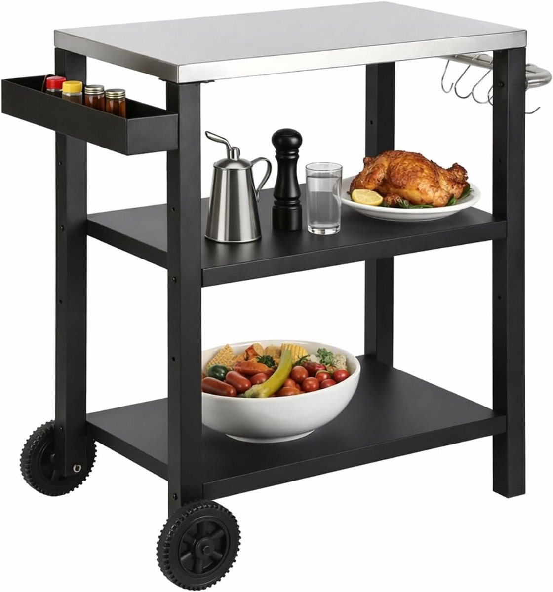 Grilltafelwagen voor buiten, grilltafel, 2 in hoogte verstelbare planken, kruidenrek & haken, 84 x 67 x 41 cm, keukenwagen met wielen voor pizza-grillen en tuinkeuken