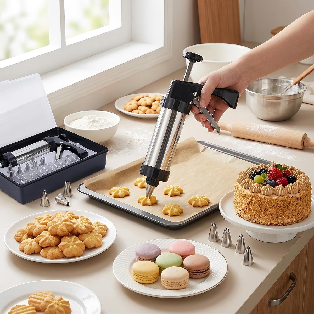 Dailygoods - RVS Koekjespers met 13 Schijven en 8 Spuitpunten