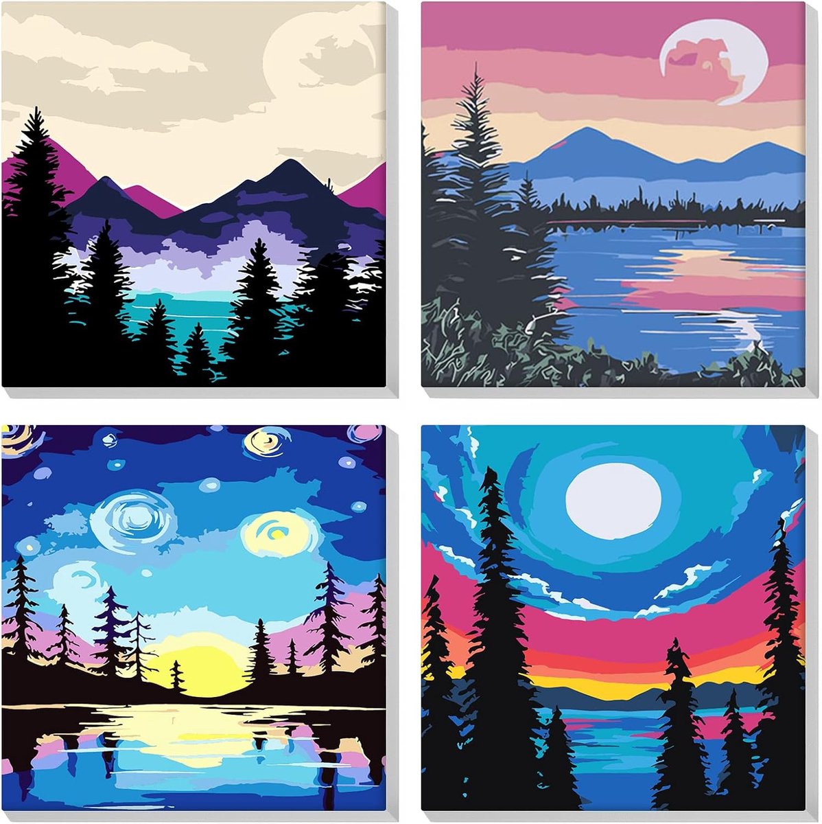 Dailygoods- Verf op Nummer - 4-pack voor Beginners - Acrylverf op Canvas - Doe-het-zelf Schilderij - Ingelijst - Inclusief Penselen en Pigmenten - Sch
