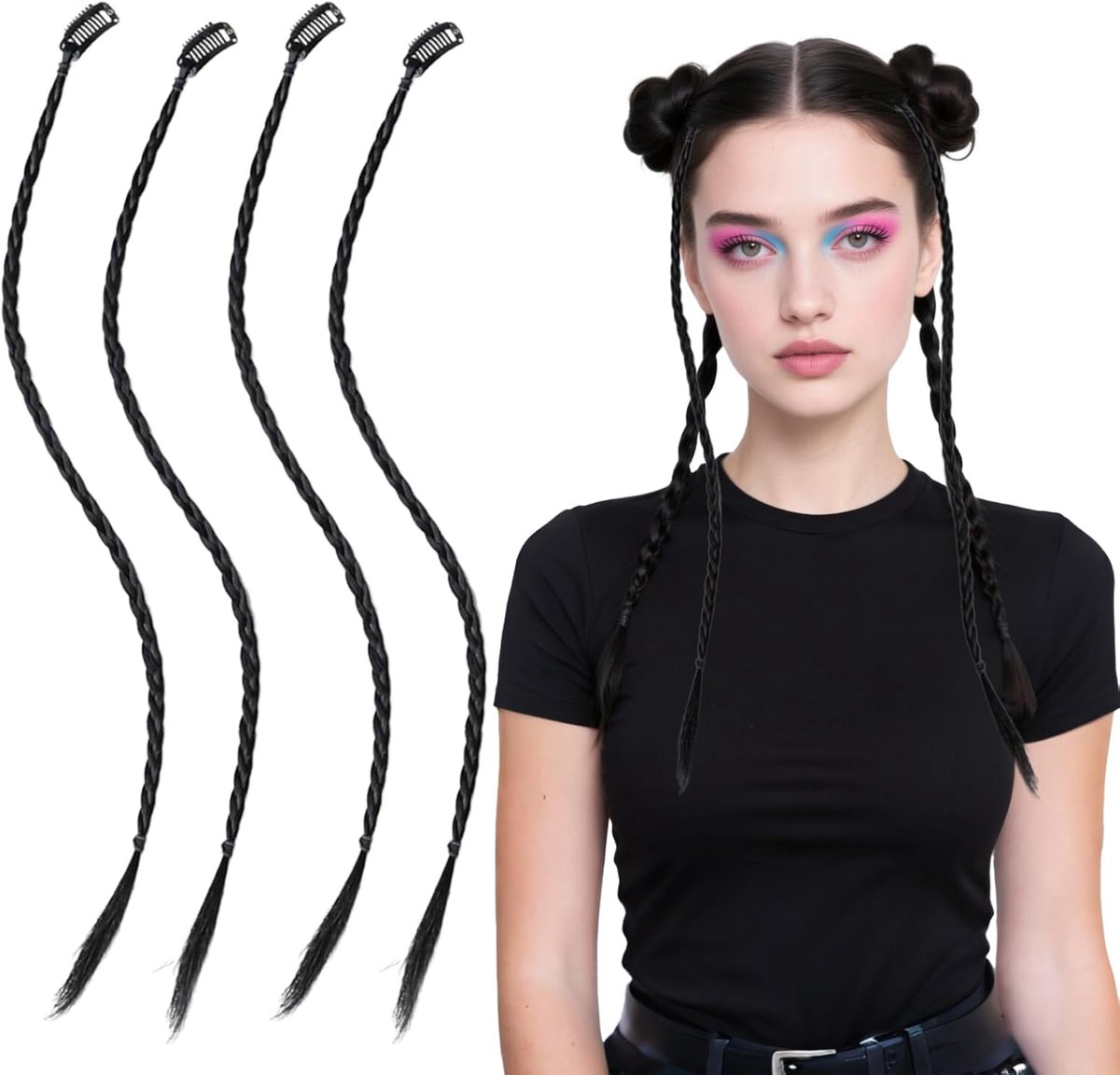 Dailygoods- Vlecht Haarverlengingen 4 Stuks - Clip-in - Synthetisch - Dreadlock Extensions - Hiphop-Stijl - Zwart - Haarextensions