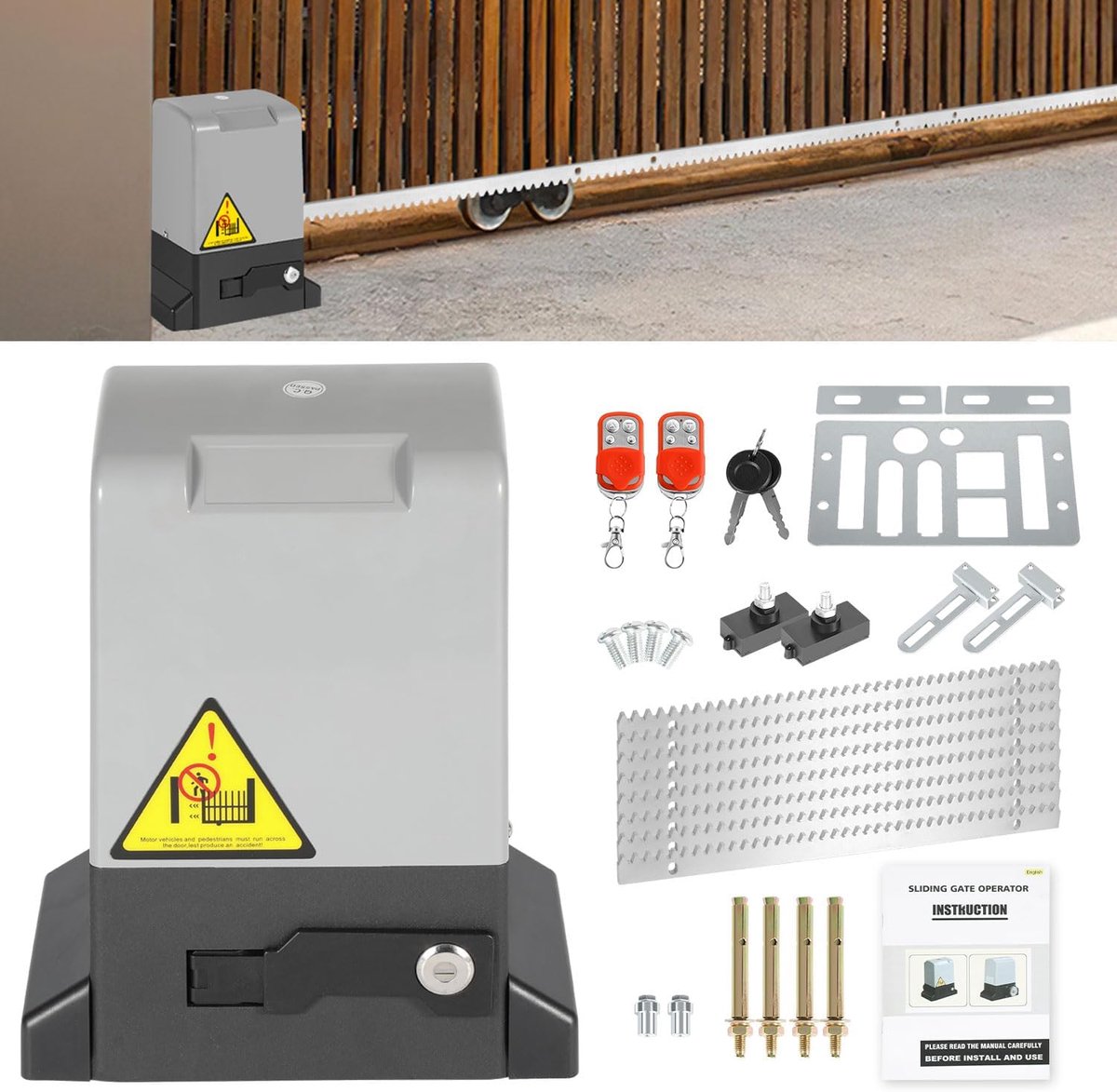 Automatische 550 W, garagedeuraandrijving, poortaandrijving, poortopener tot 1200 kg, 12 m schuifpoort, tuinpoortaandrijving, bereik van de afstandsbediening 50 m,