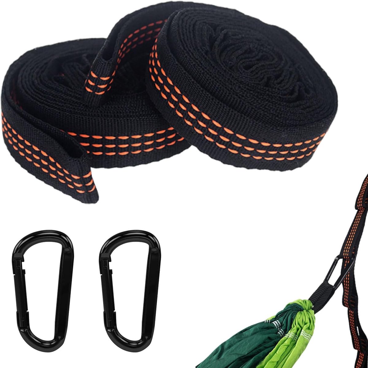 Dailygoods- Hangmatbevestiging 2 m x 2,5 cm - Bevestigingsset - Ophangriem - Karabijnhaken - Sterk en duurzaam - Voor camping en outdoor