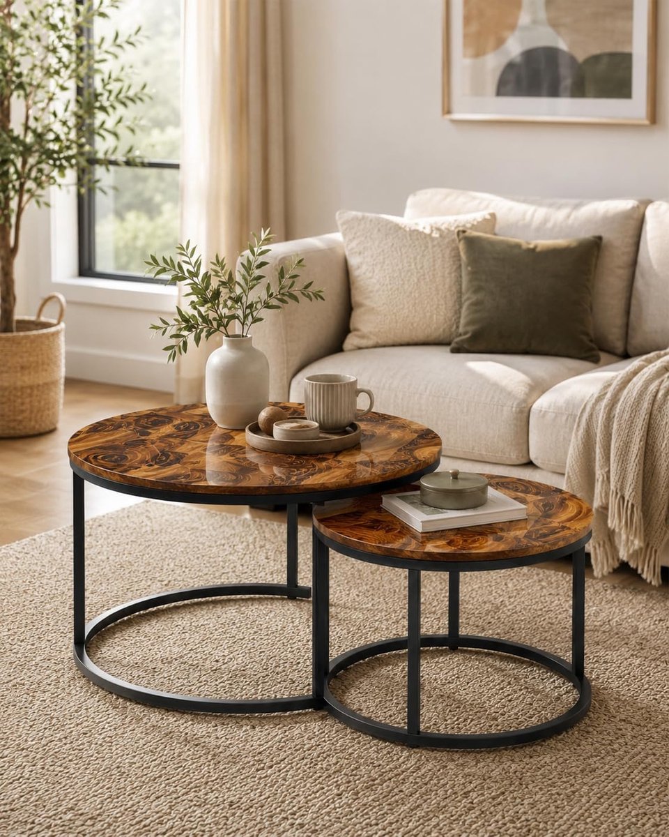 Rond, set van 2, woonkamertafel, rond, salontafel met bruin houtpatroon, salontafel, glazen bijzettafels voor de woonkamer, met zwart frame, 70 + 50 cm