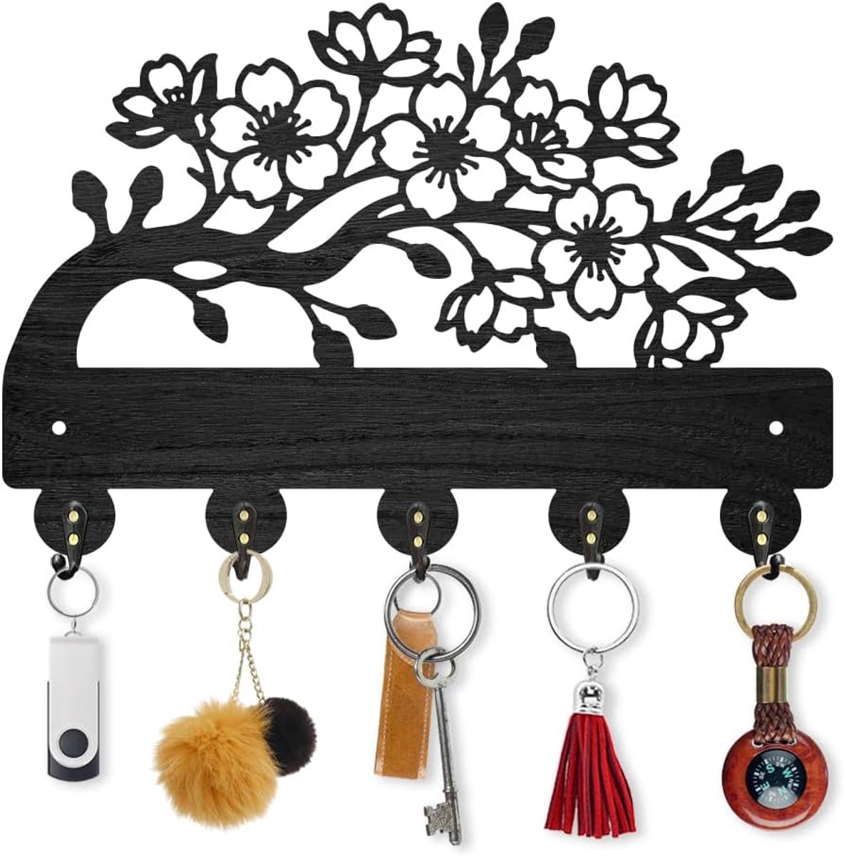 Dailygoods- Sleutelhanger Houten Kersenbloesemmotief - Wandhaak - 5 Haken - Decoratieve Haakhanger - 30 x 20 cm - Duurzaam Hout