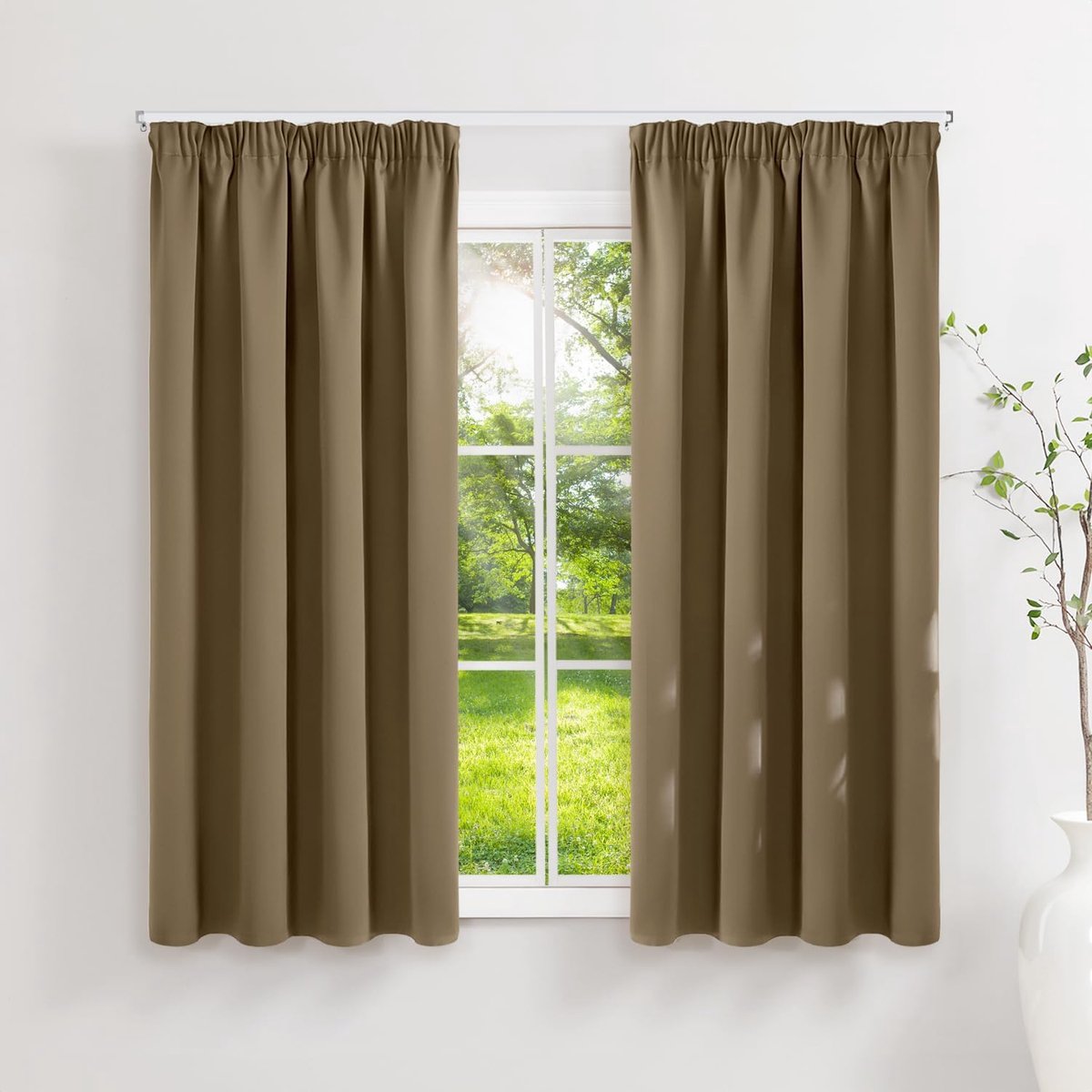 Gordijnen met plooiband, ondoorzichtig, cappuccino, verduisteringsgordijnen, set van 2, 160 x 140 cm (H x B) voor railsysteem, thermische gordijnen, koudebescherming, schuifgordijnen voor