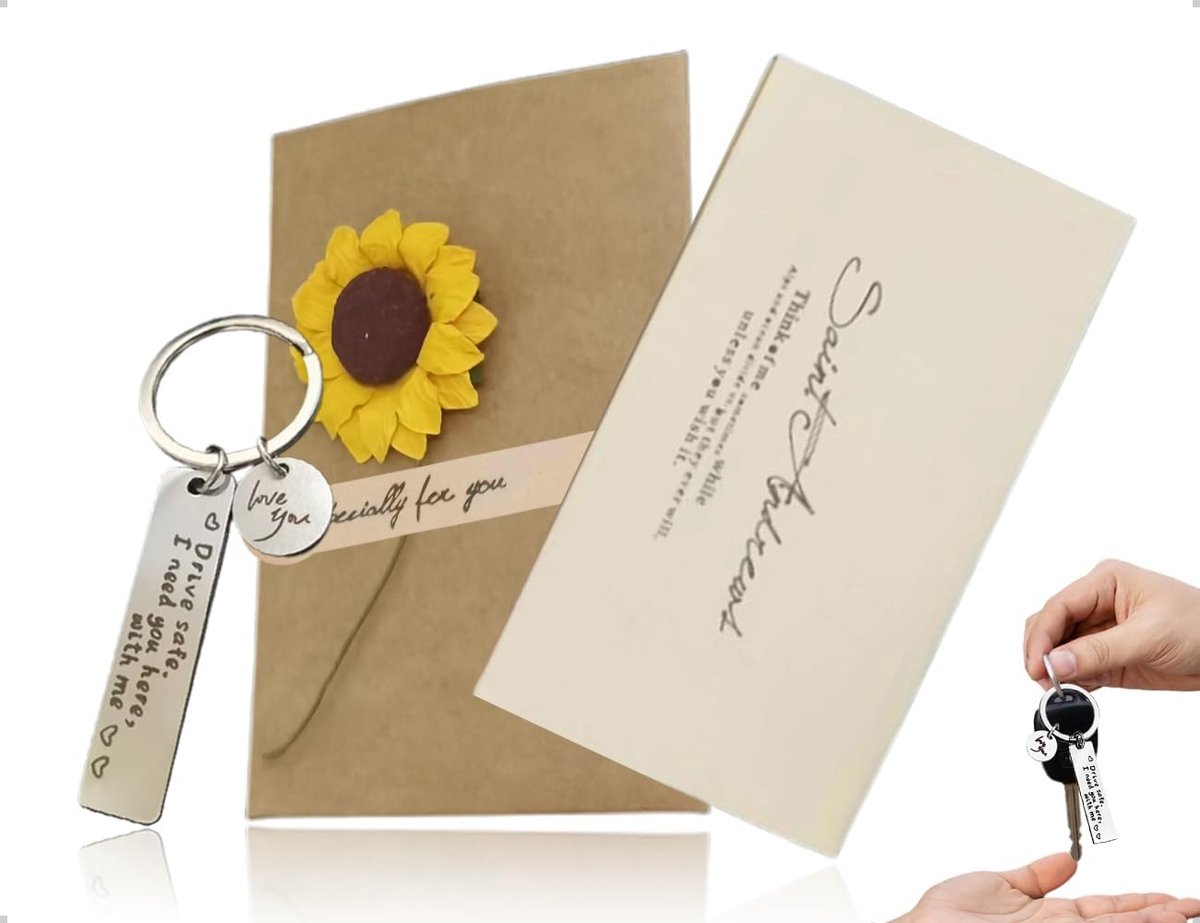 Dailygoods- Sleutelhanger roestvrij staal - Gepersonaliseerd ontwerp - Emotionele gravure - Elegant en modieus - Inclusief wenskaart en bloem - Ideaal