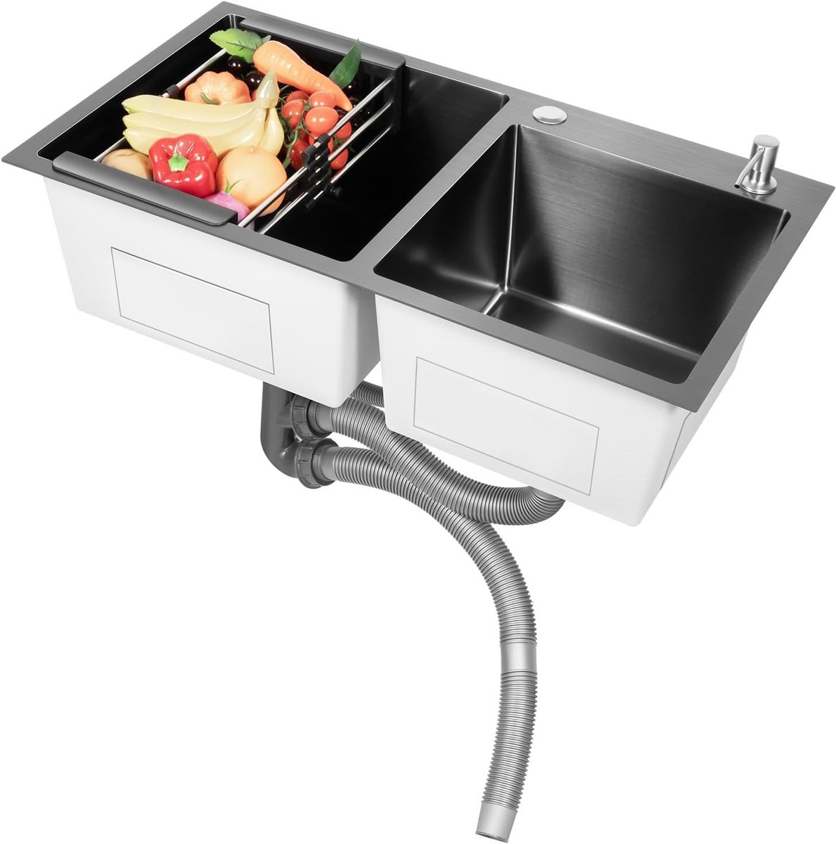Roestvrij staal zwart 78 x 43 x 22 cm, inbouwspoelbak roestvrij staal met afdruipvlak en zeepdispenser keuken spoelbak dubbele spoelbak wastafel