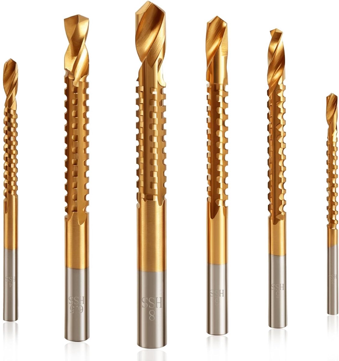 6 stuks titanium gecoate HSS-twist-boren, 3-8 mm gekartelde boorset, timmerman, hakzaagboor, spiraalboor, houtbewerking