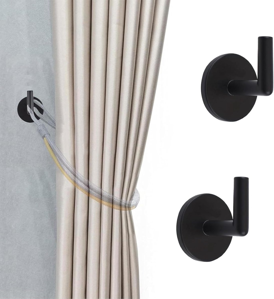 Dailygoods- Gordijnhaken 4 Stuks - Zelfklevende Wandgemonteerde Houders - Metalen Wandhaak - Hoogwaardig Metaal - Zwart - Duurzaam Ontwerp - Wandhaken