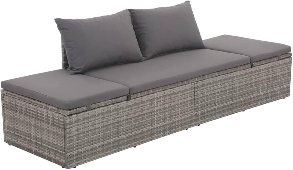 Polyrotan tuinbed, verstelbaar tuinbed, zonnebed, rotan sofa, tuinbank, tuinlounge, sofa, ligstoel met zitkussen, grijs, 195 x 60 cm, polyrotan