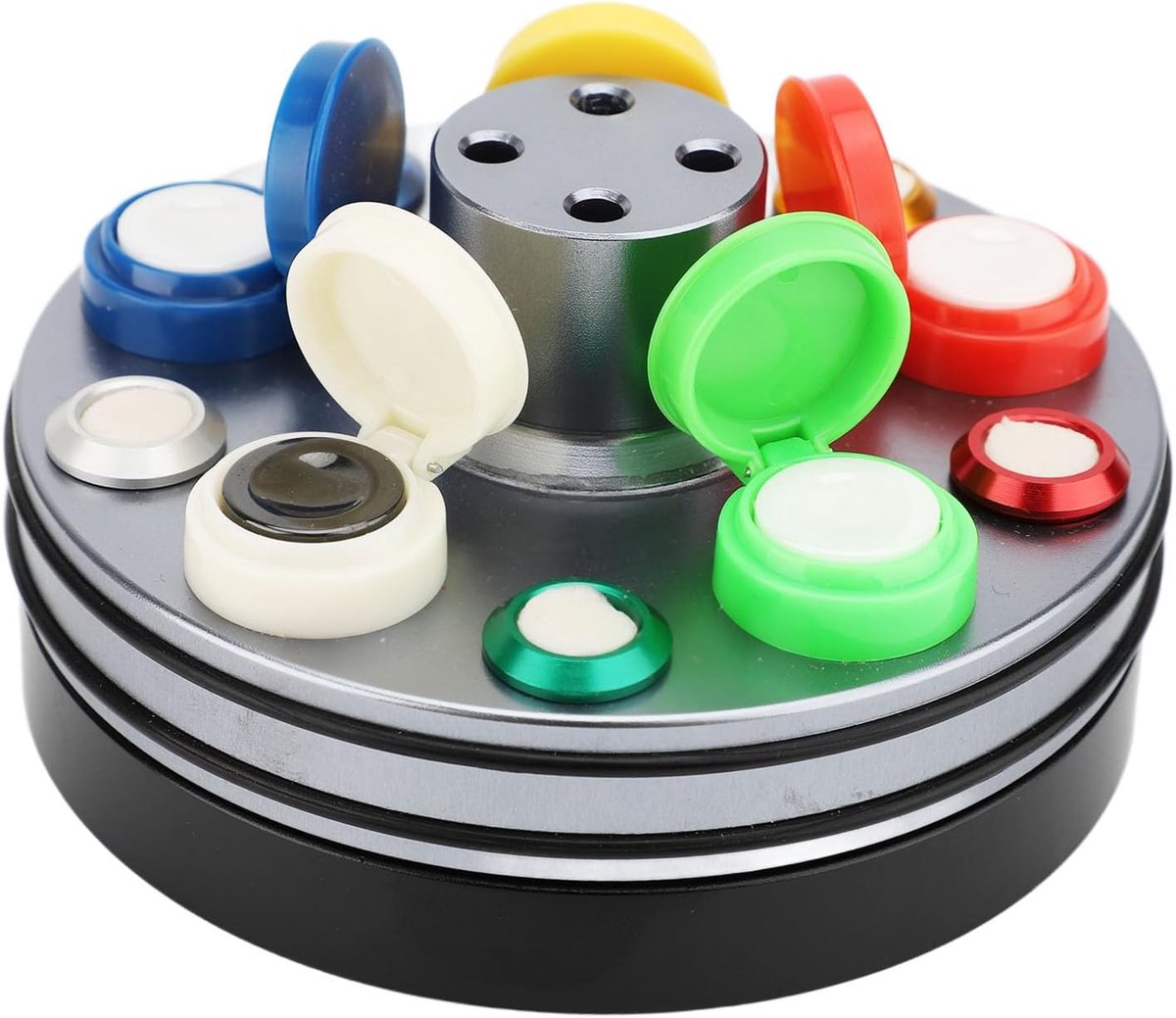 Dailygoods- Horlogereparatiebeker - Draaibaar met Stofkap - 5 Gekleurde Olieplaten - Robuuste Metalen Beker - Herbruikbaar - Eenvoudig te Reinigen - O