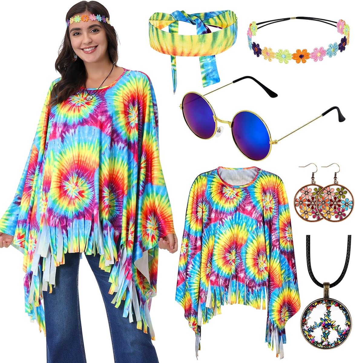 Hippiekostuum voor dames, 6-delig, hippieponcho, jaren 60, 70, tie-dye, hippie voor dames, met hoofdband, halsketting, oorbellen en bril, hippiekostuumset, carnaval