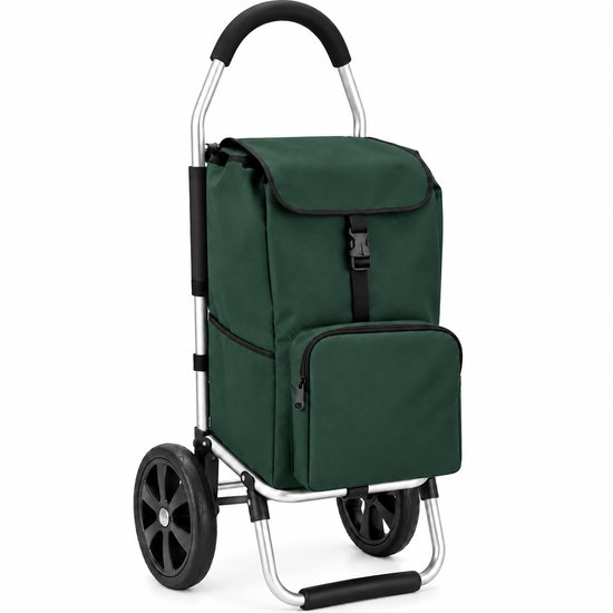 Groene boodschappentrolley met zilverkleurig frame, zwarte handgreep en wielen. Bovenklep met gesp.