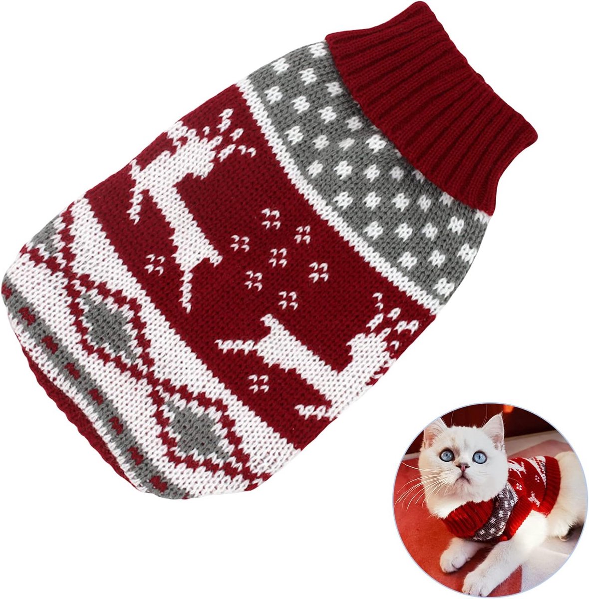 Huisdier Kerstmis warme trui cartoon kerstboom, huisdierjas kostuum, huisdier pullover rolkraag, huisdierkleding herfst winter gebreide trui, rood, XS