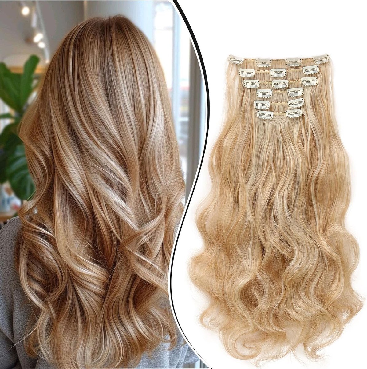 Clip in Extensions Haarverlenging Haar Deel Golvend 6 Stuks 52cm Haarverlengingen Clip in Haarverlenging Zoals Menselijk Haar Synthetisch Krullen Lang, Honingblond/Bleekblond