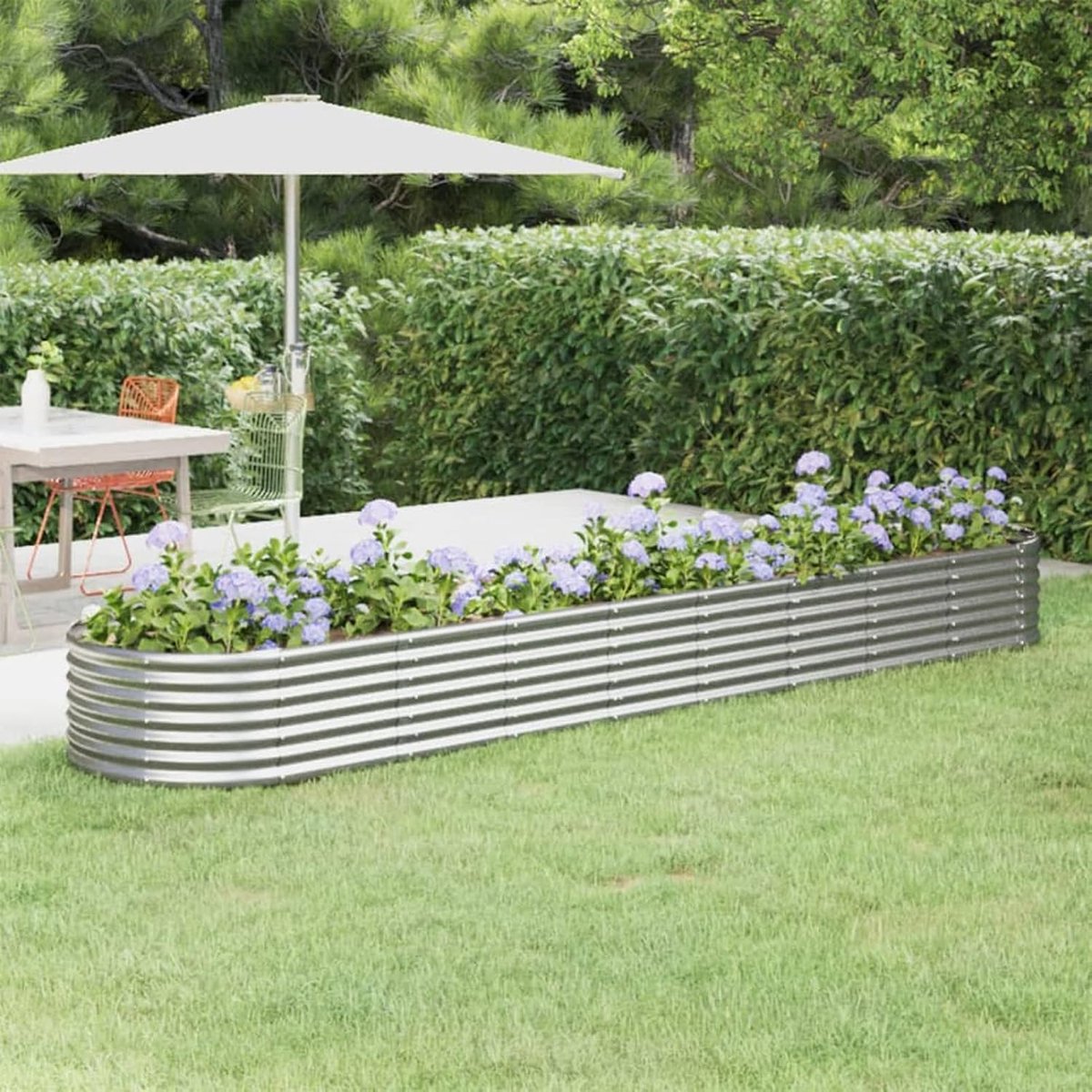 Bloembak, hoogslaper, voor tuin, balkon, terras, van gelakt staal, groen, grote bloembak van staal, 368 x 80 x 36 cm, zilver