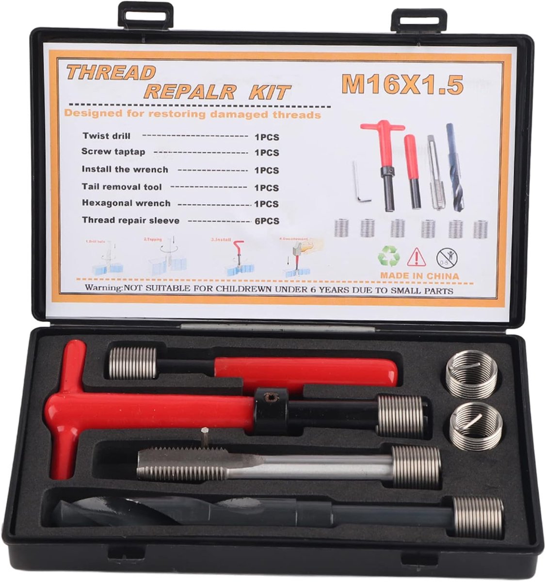 11 Stks Draad Reparatie Kit, M16x1.5 Lengte 1.5D Rvs Twisted Drill Tap Wrench Schroefdraad Insert Tool, Metrisch-Imperial Eenheden Conversie Helicoil Reparatie Kit