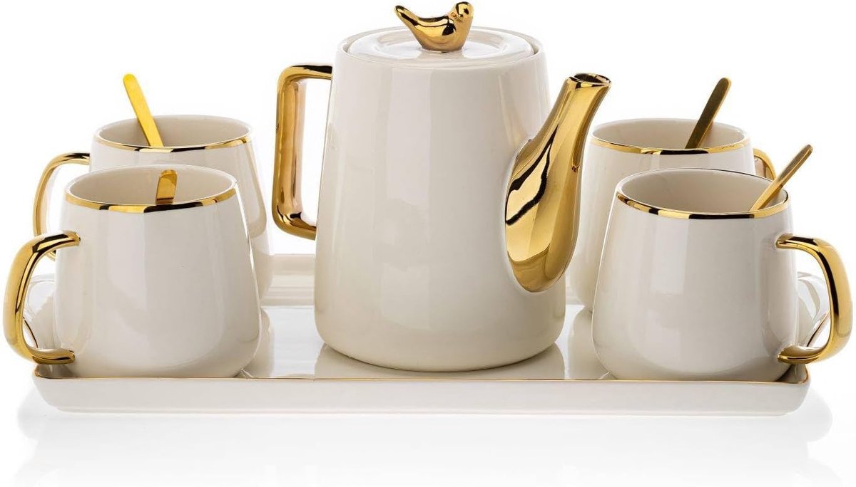 Koffieservies met theepot van keramiek Noah wit glamour