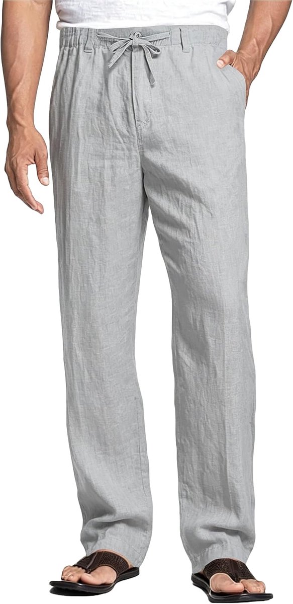 Heren Linnen Broek Lichtgewicht, Zomerbroek Casual, Strandbroek met Trekkoord en Zakken voor Vakantie