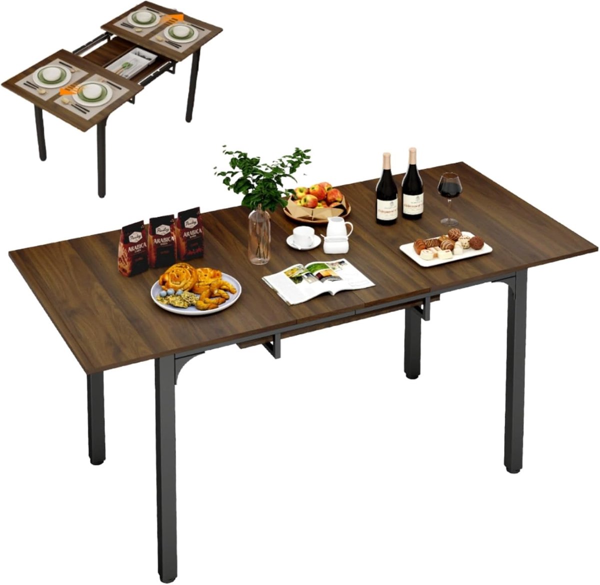 Uittrekbare eettafel, 110-149 cm, van hout, bruin, met opslag, keukentafel van hout met verlenging, voor 4-6 personen, robuust metalen frame, kleine ruimte, rustiek bruin
