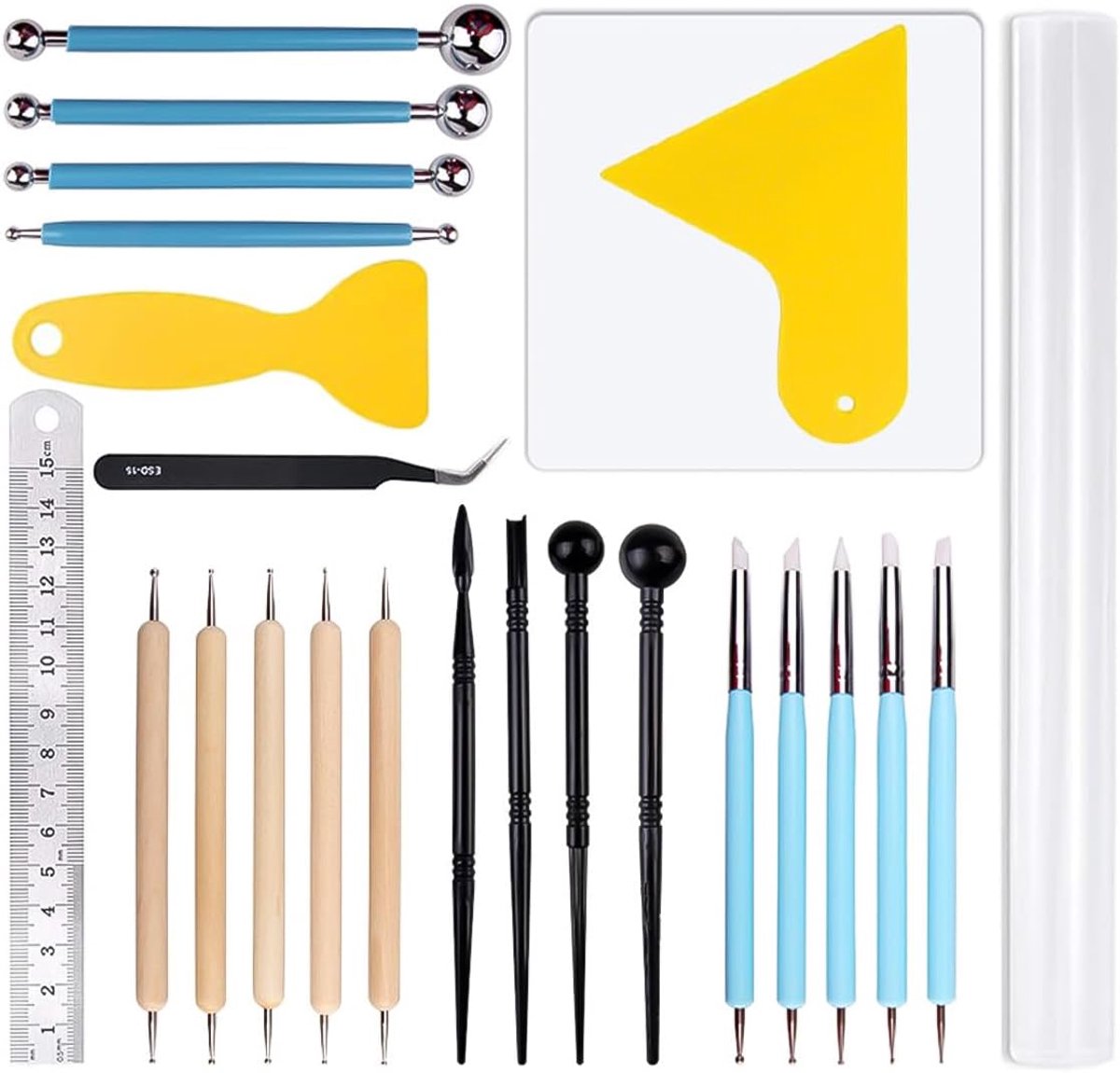 Set van 24 snijgereedschappen van modelleermassa, inclusief punteergereedschap met kogelpen, siliconen beeldhouwgereedschap voor reliëf, kleuren, nagelkunst, schilderen