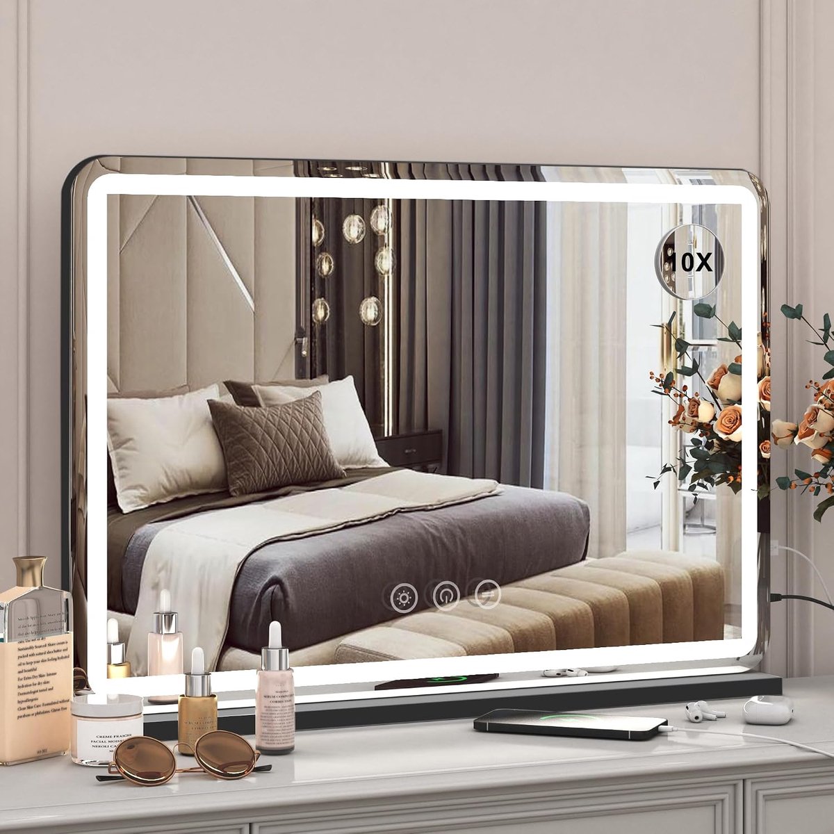 Make-upspiegel met verlichting, hollywoodspiegel met 3 kleurtemperaturen, grote make-upspiegel met touchscreen-bediening en usb voor make-up, 80 x 55 cm, zwart