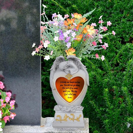 Beelden Outdoor Decor, Begraafplaats vazen voor Graf, Decoratie voor Graven, Begraafplaats vaas met led, Familie Tuin Memorial Standbeeld Begrafenis Gift, Engelen Zonneverlichting — afbeelding 4