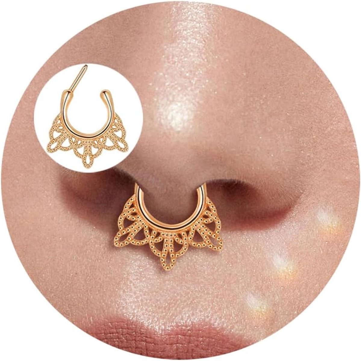 Septum piercing ring roestvrij staal, 16G (1,2 mm), 8 mm/10 mm, zilver/goud/zwart/roségoud, rond bol- en bloemendesign, voor septum, helix, kraakbeen, rook, conch, fluwelen zakje