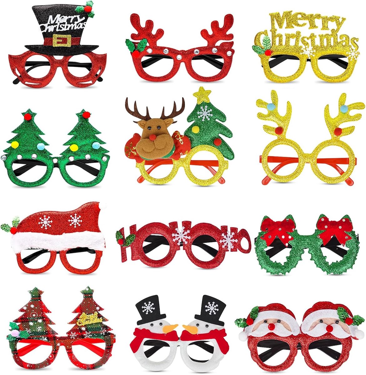 Christmas Glitter Party Bril, Xndryan 12 stuks Kerst Bril Foto Prop Xmas Bril Party Bril Frame voor Vakantie Gunsten