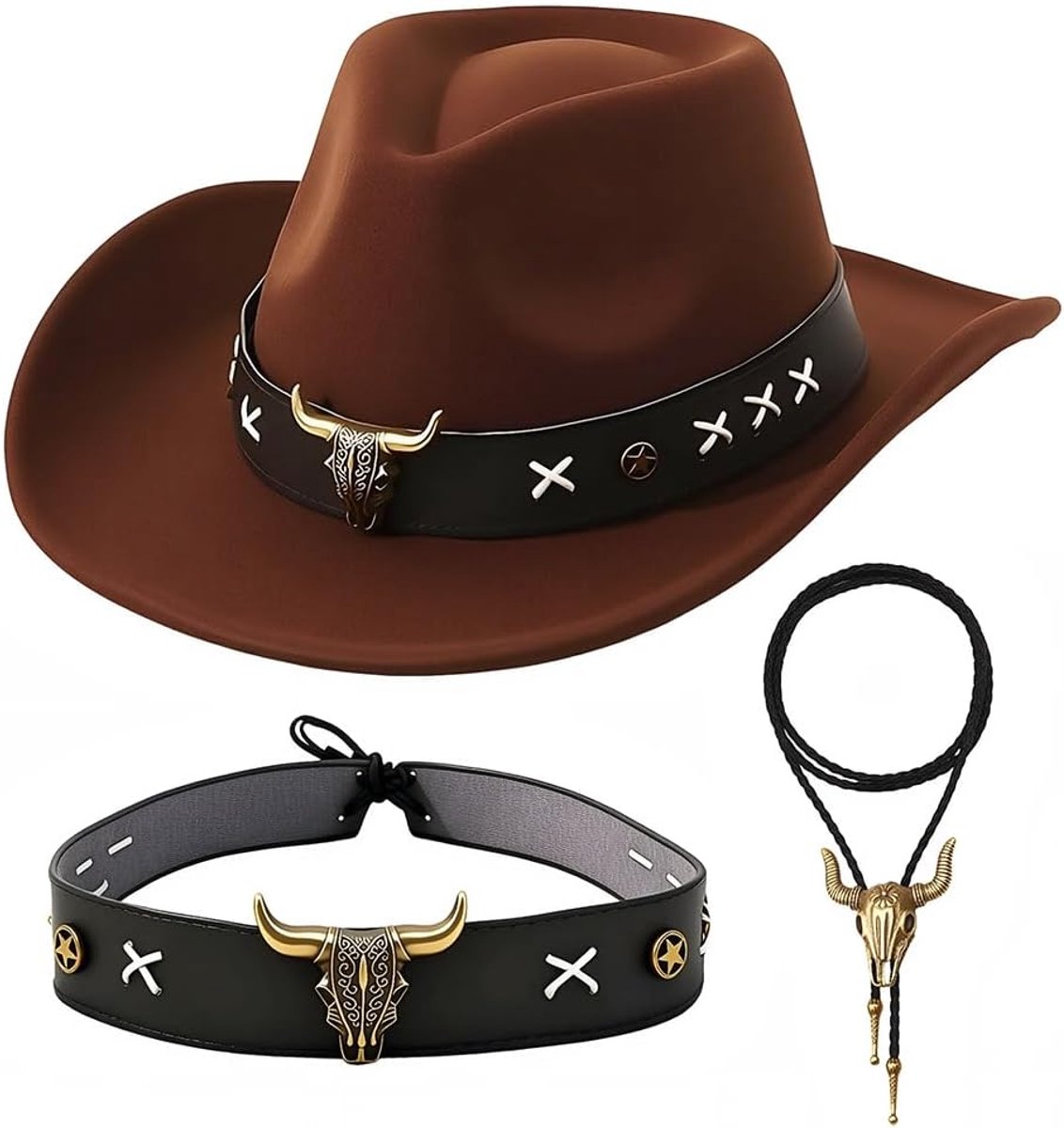 Cowboy Hoedenset Bruine Hoed met Stierenkop Ketting & Gordel