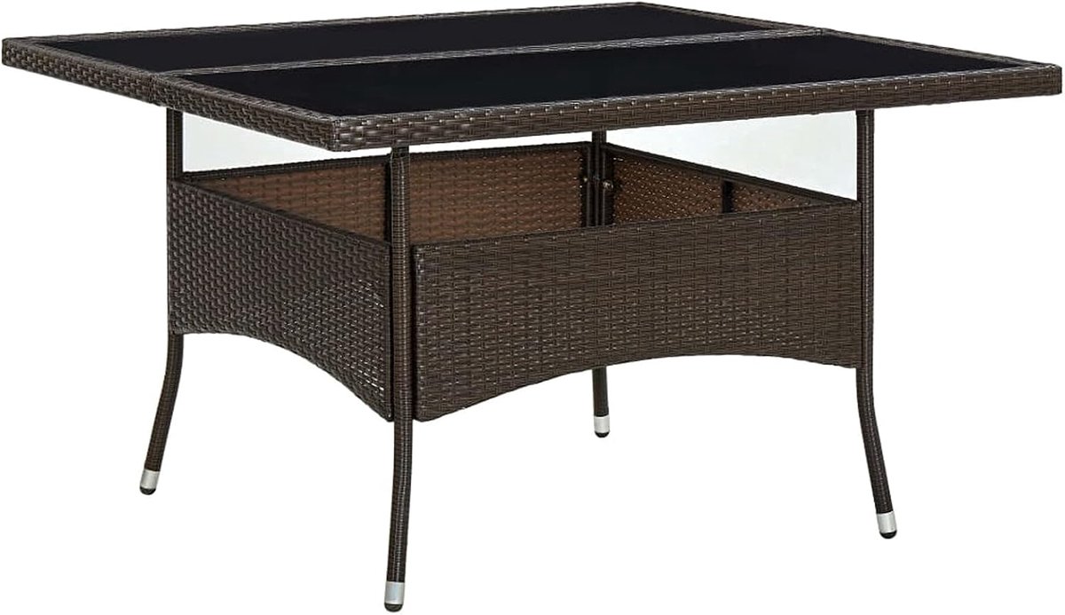 Eetkamertafel van polyrotan en glas, vierkante buitentafel van rotan en glas, vierkante keukentafel, 120 x 120 x 75 cm, kleur bruin,