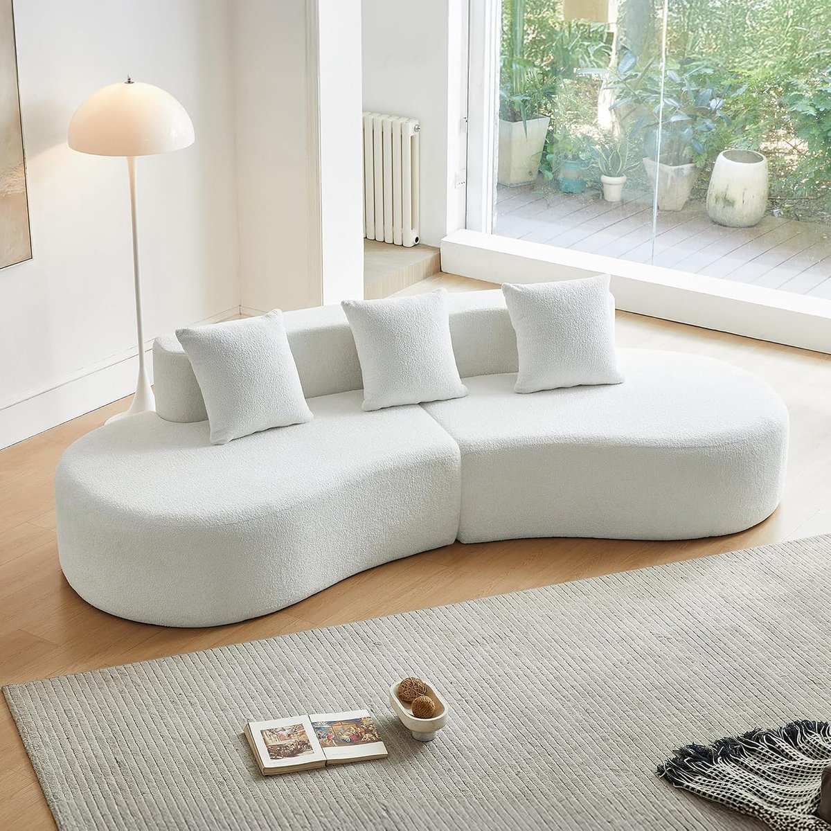 Moderne gebogen hoekbank, 5-zits, modulaire fluwelen bank, gebogen design, comfortabele gestoffeerde bank, comfortabele gestoffeerde bank met kussen, geschikt voor woonkamer en woningen, wit