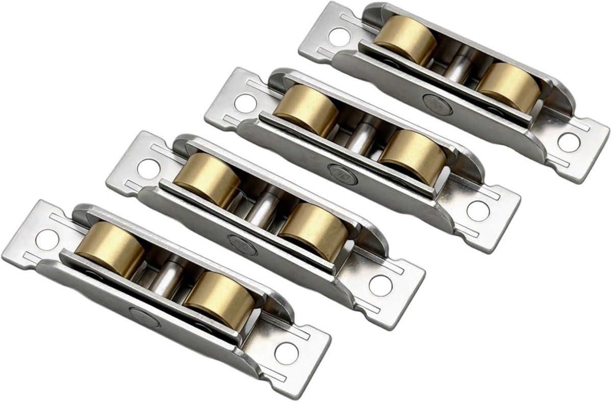 4 stuks dubbele groefwielen voor schuifdeuren, dubbele wielen, schuifdeurwielen, roestvrij staal, koperen kogellagerwielen voor glazen terrasdeuren (14 mm plat wiel)