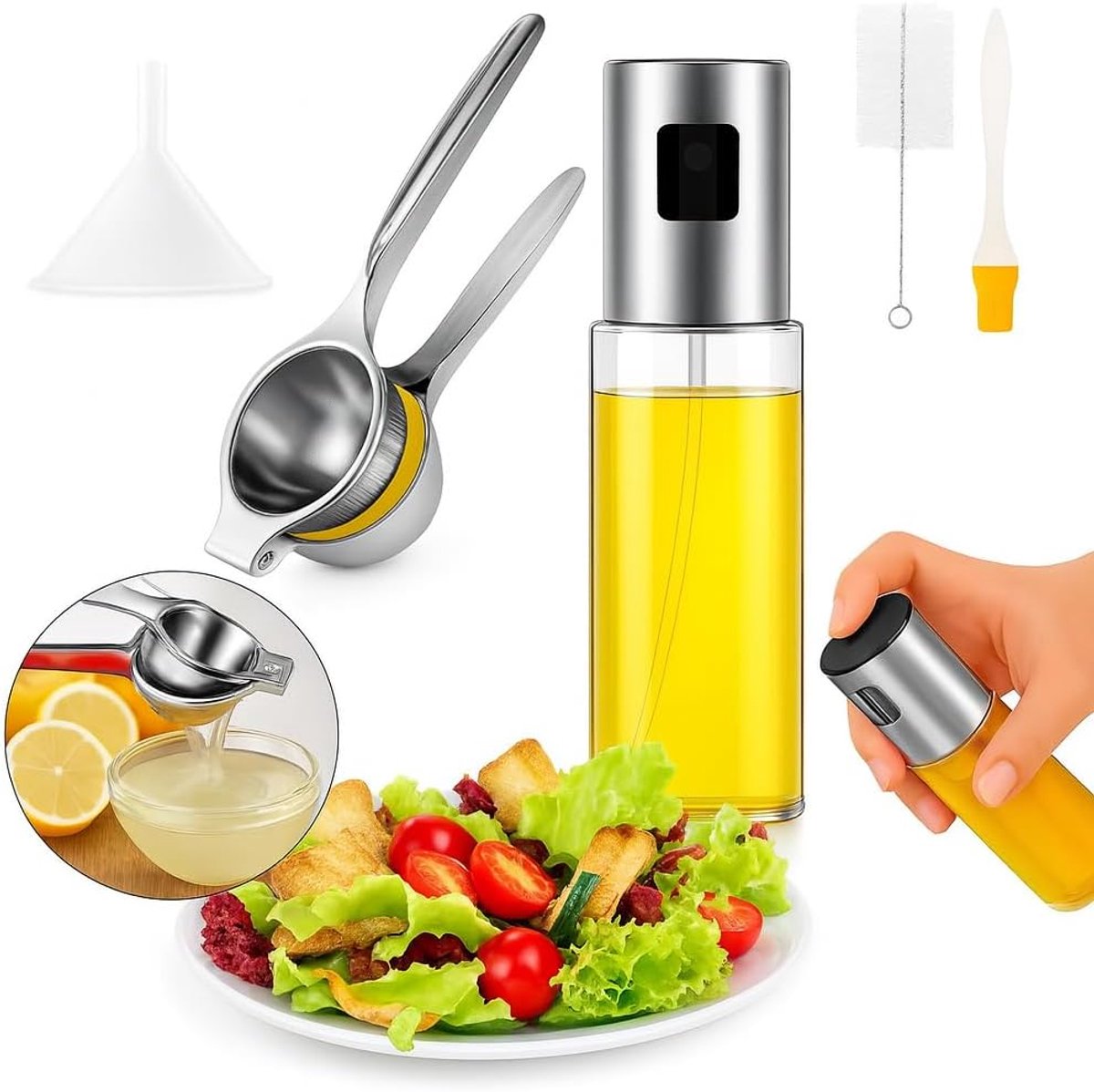 Citroenpers [5-in-1 kit] met olieverstuiver, siliconen gebakborstel, trechter en flessenborstel, roestbestendig, voor citroenen, sinaasappels en cocktails - gemakkelijk te