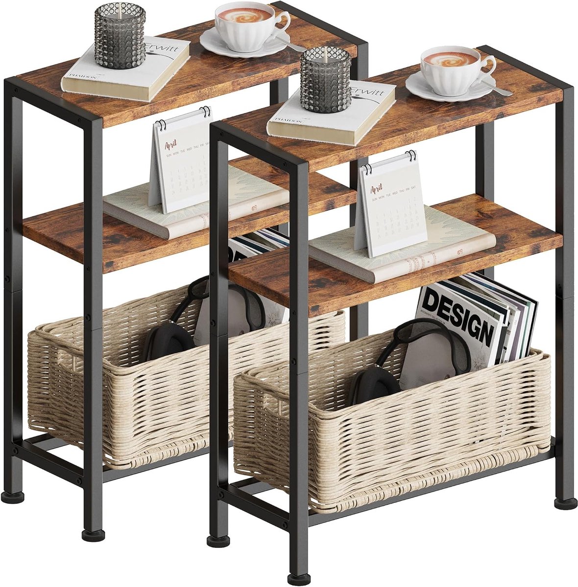 Bijzettafel Nachtkastje met 3 Opbergvakken, Bijzettafel voor de Bank voor Ruimtes, Geschikt voor de Woonkamer, Slaapkamer, Keuken & Balkon, Werkkamer (2, Vintage)