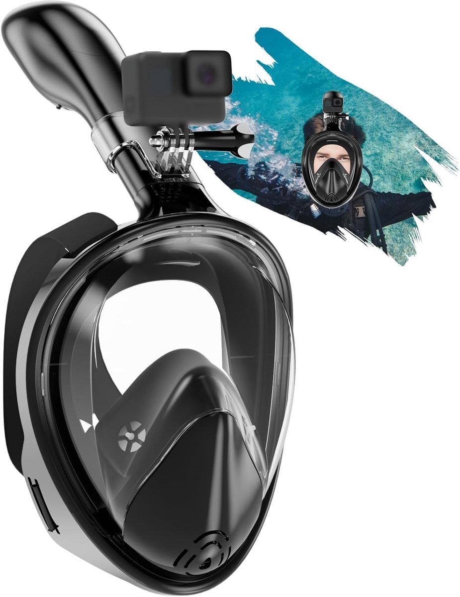 Snorkelmasker voor volwassenen, volgelaatsmasker, 180 graden volledig gezicht, CO2-veiligheid, anti-condens- en anti-lektechnologie met verstelbare hoofdbanden, compatibele sportcamera's