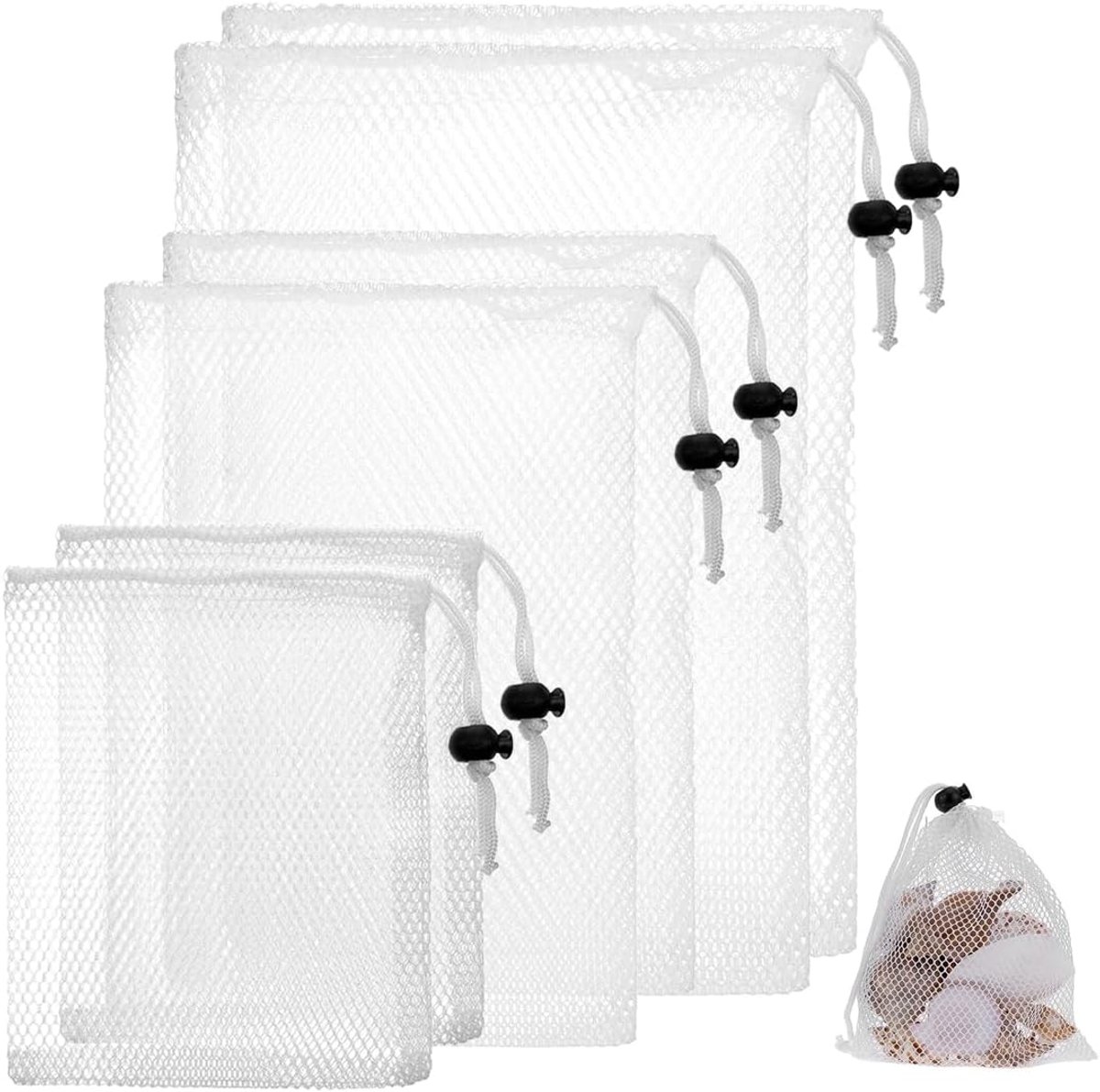 Nettassen met trekkoord, voor sportschool, reizen, outdooractiviteiten, nettas met trekkoord, strandtas van nylon (wit, 6 maten)