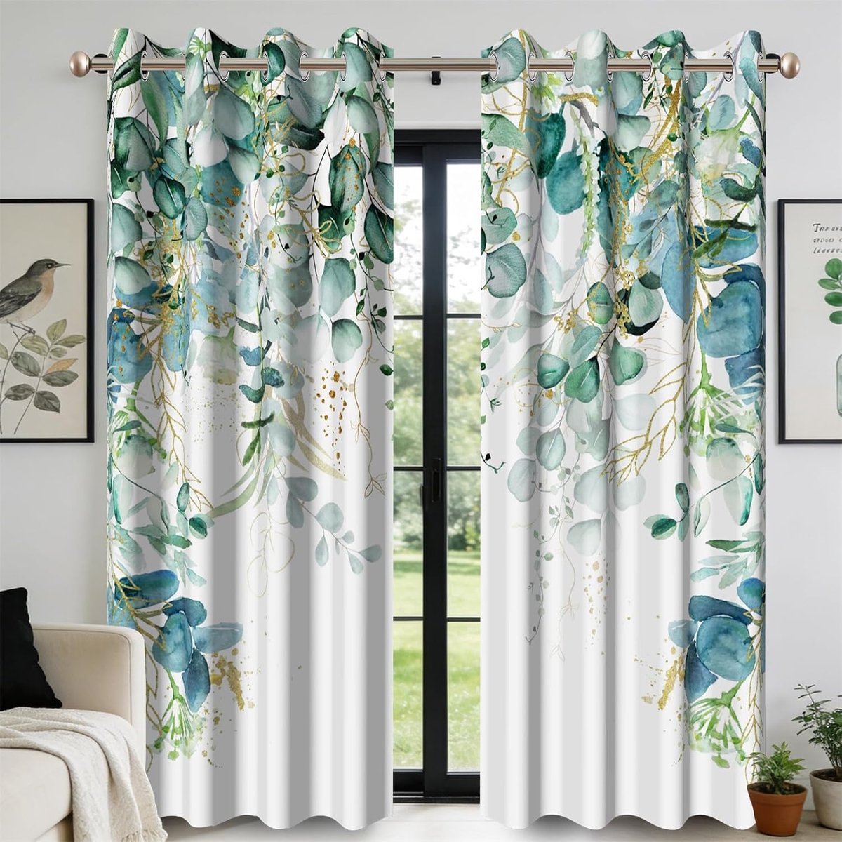 117x183cm Saliegroen Verduisterende Gordijnen voor Slaapkamer Eucalyptus Bladeren met Goud Botanische Thermisch Geïsoleerde Gordijnen Tule Privacy Bescherming Raambehandelingen 2 Panelen