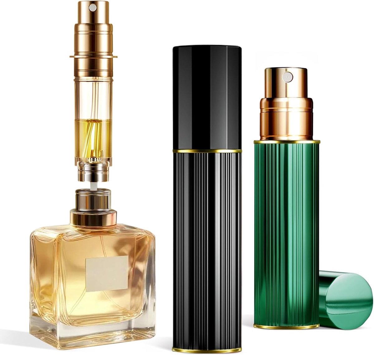 parfumverstuiver, navulbaar, lege reisspuitfles, nano-nevel, bodemvulling, mini-verstuiver, zakformaat, dames en heren (PA, zwart & donkergroen)