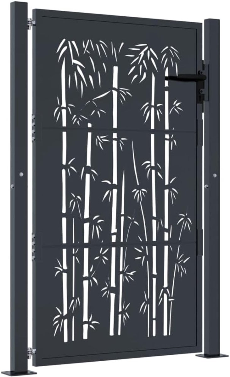 Tuinpoort antraciet 100 x 125 cm met bamboe-design, gepoedercoat en verzinkt, afsluitbare buitendeur met twee palen en flensplaten voor eenvoudige montage