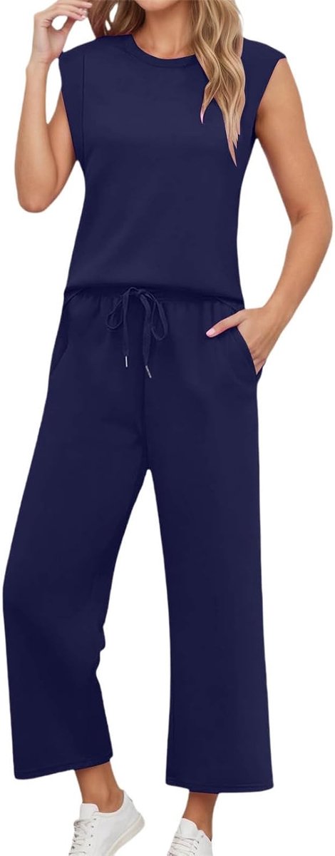 2-delige set voor dames, katoen, tuniek en broek, casual, korte mouwen, losse top, decoratieve knopen, ademend, elegant, lente, tweedelig, A170