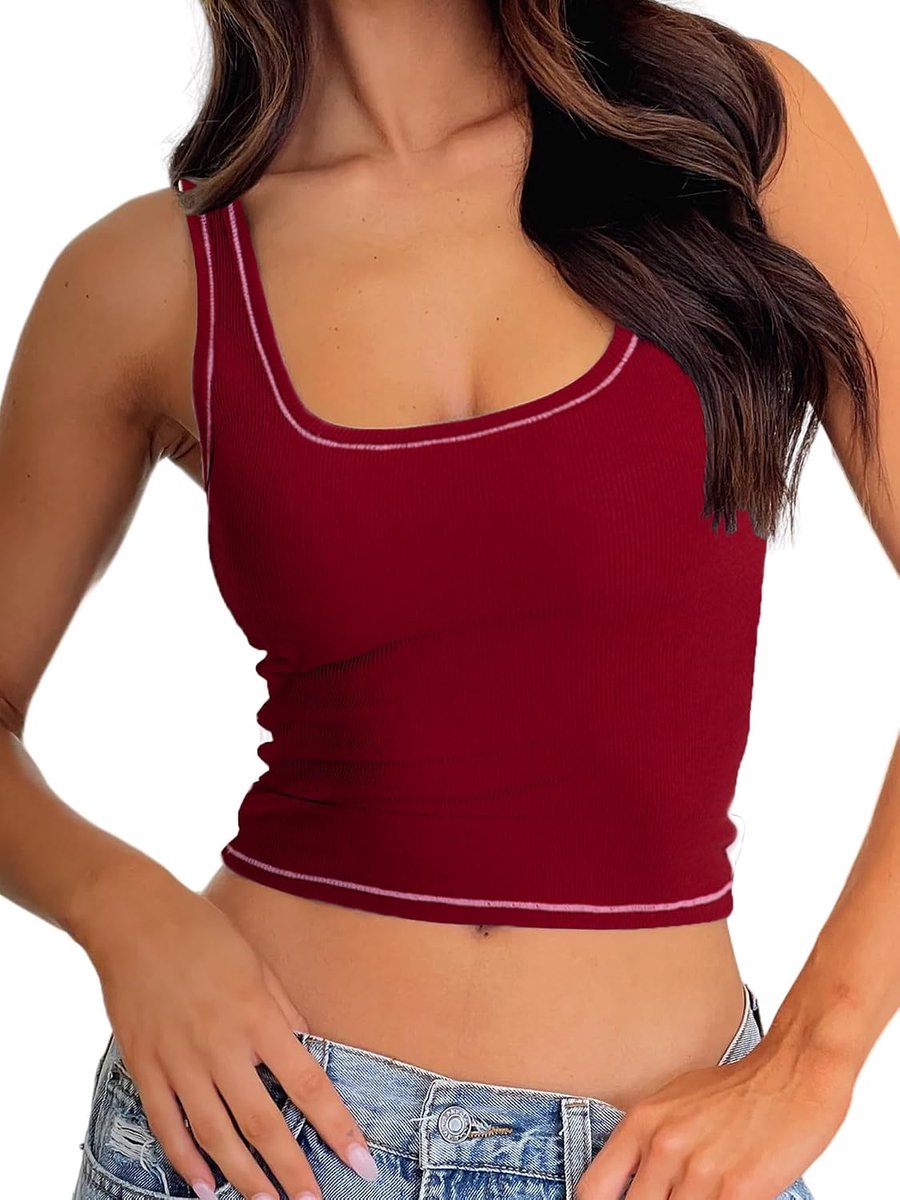 Geribde tanktop voor dames, gewatteerde sporttop, crop-top met vierkante hals, getailleerde basic cami-top