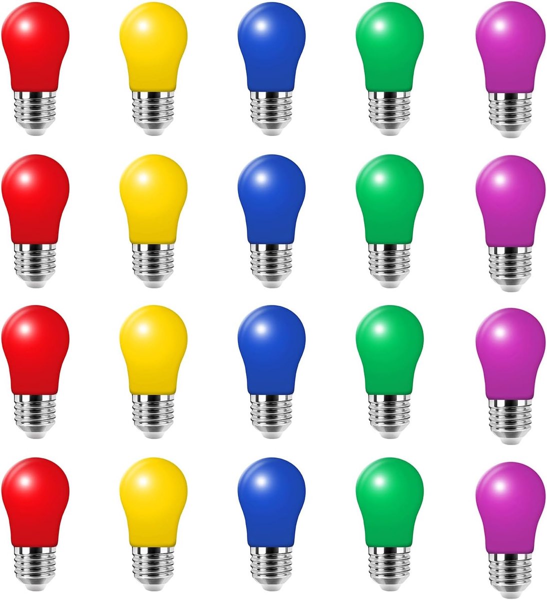 Set van 20 Kleurrijke E27 Gloeilampen, 3W LED voor Buiten, Lichtketting, Feest, Kerstdecoratie - Rood, Groen, Blauw, Geel