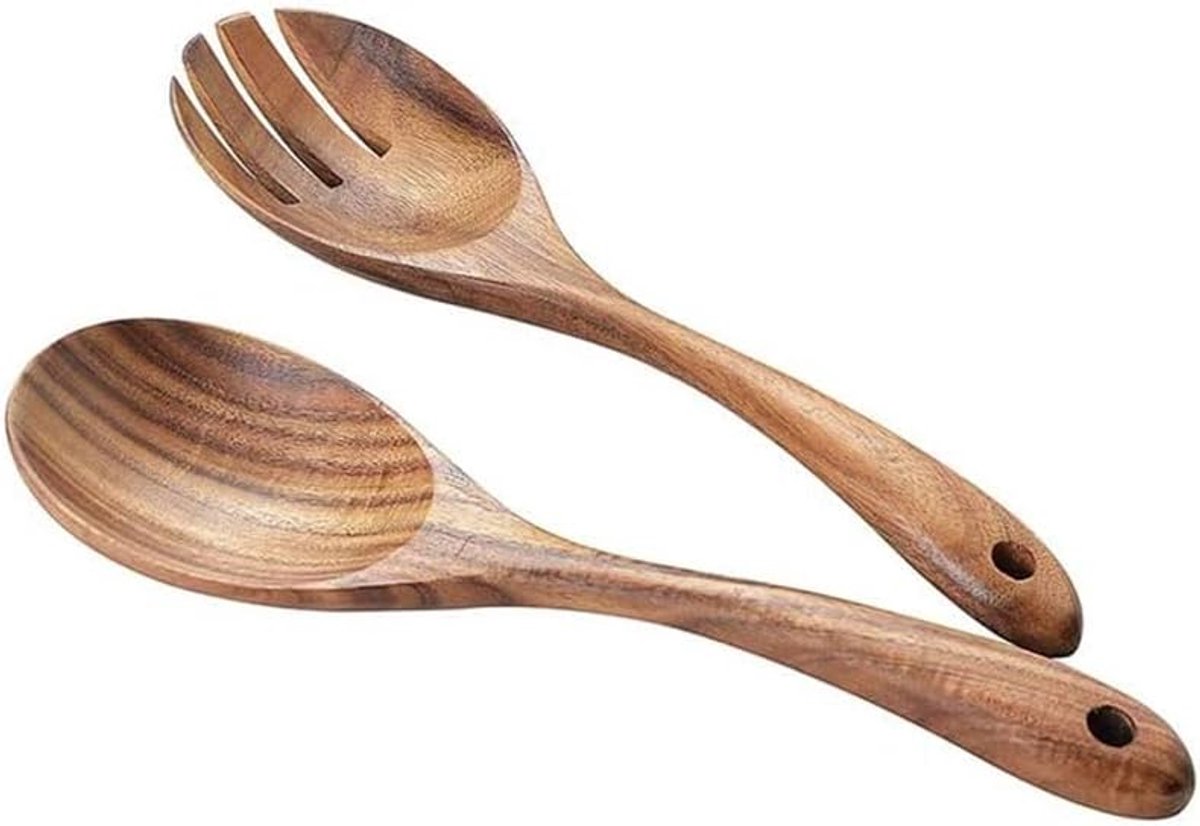 2 stuks houten saladebestek - 26 cm houten serveerlepel set voor het mengen van salade, dinervork en lepel met lange steel, saladetang set