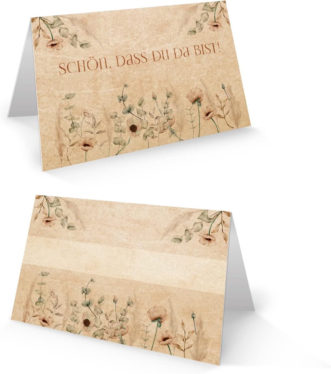 50 tafelkaarten Schön, dass du da bist 8,5 x 5,5 cm om te beschrijven - beige bruin boho bloemen tafeldecoratie bruiloft feest